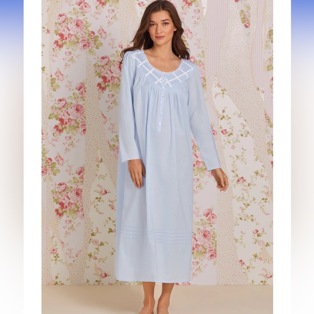 Eileen West Poetic Ballet Cotton Longsleeve Nightgown SZ M Blue